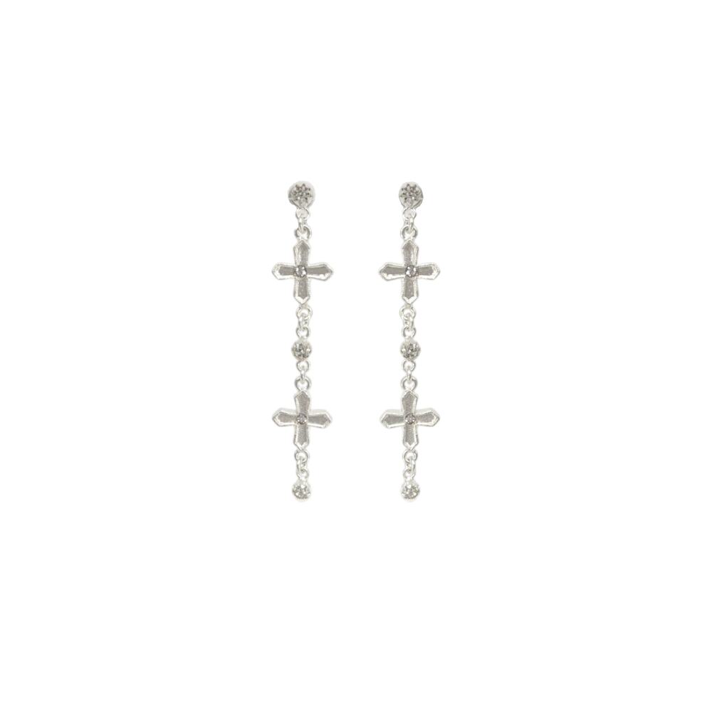 VIRGINS SAINTS & ANGELS VSA Peace Cross 2 Crystal Drop Post Earrings in Silver